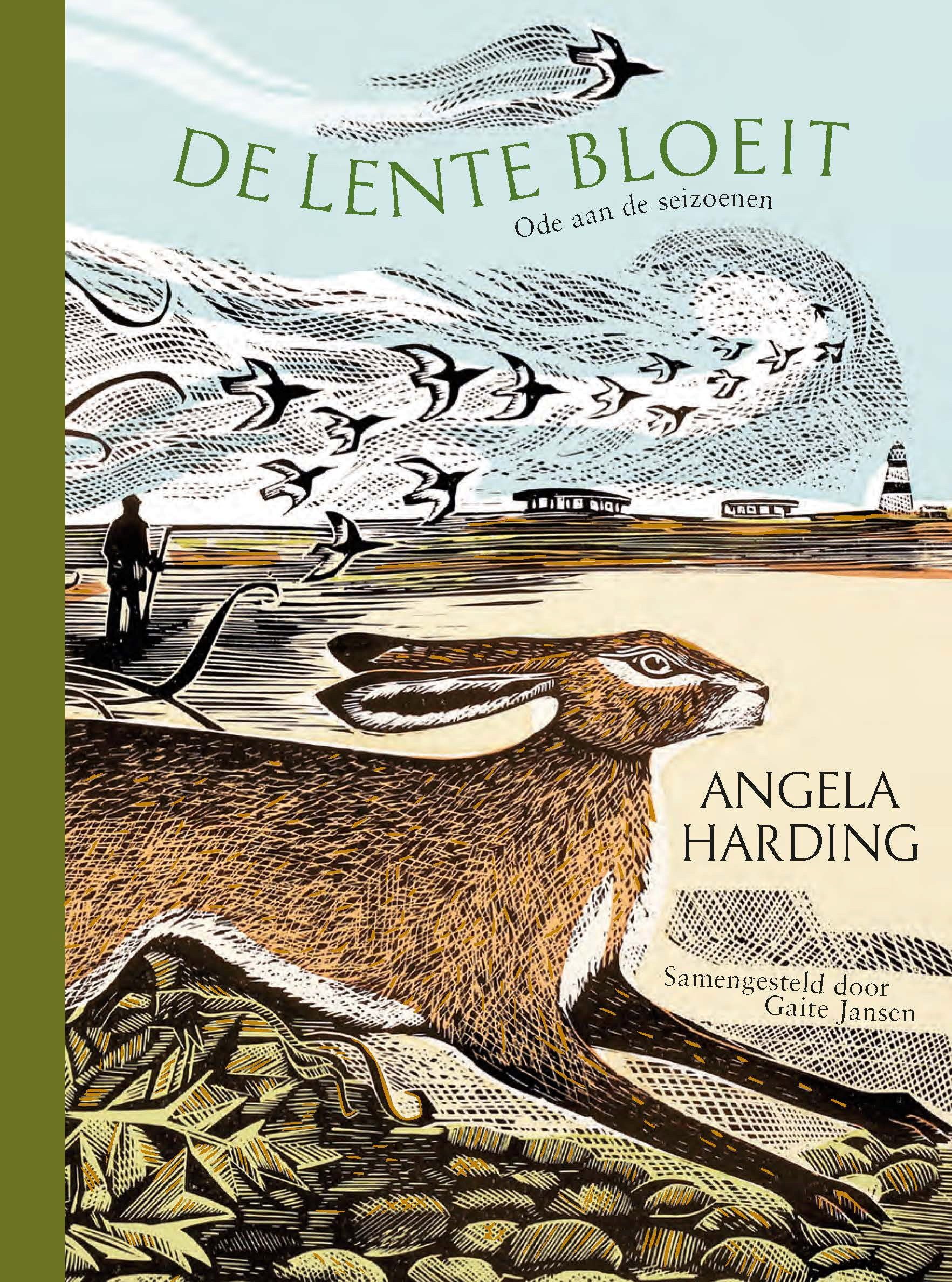 Boekomslag ”De lente bloeit” met een grote bruine haas en vogels in de verte.