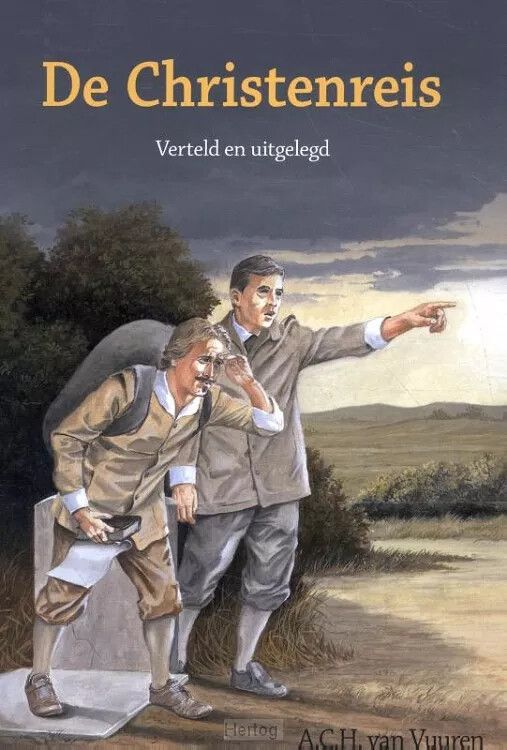Titelblad van een navertelling van De Christenreis. Te zien is een man met een pak op zijn rug; naast hem een man die met zijn vinger wijst.