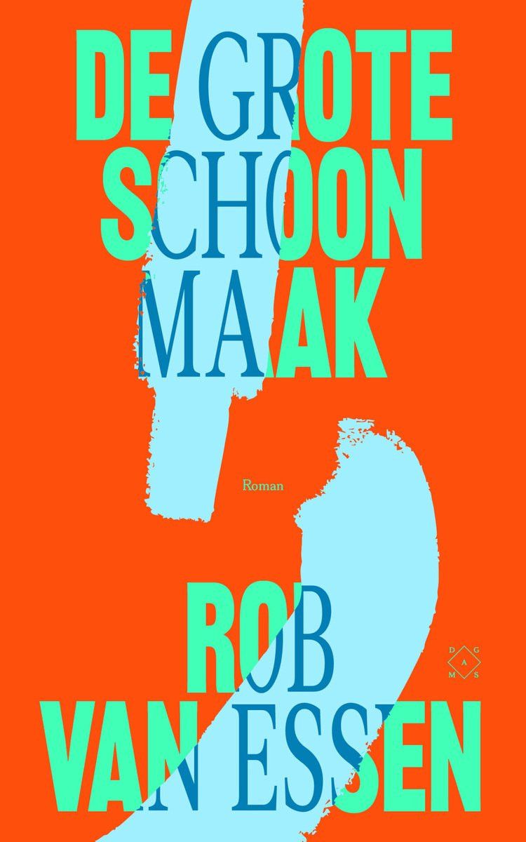 Boekomslag van ”De grote schoonmaak”. Blauw-groene letters op een oranje-blauw vlak.