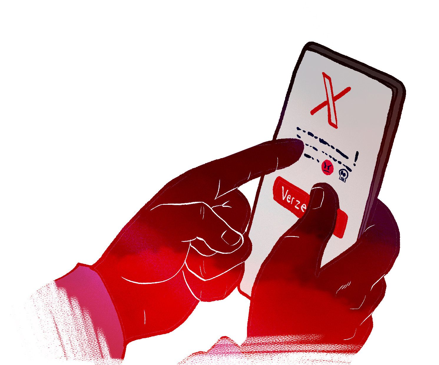 Tekening in rode tinten van een hand die een mobieltje vasthoudt. Een andere hand wijst iets op het scherm van het telefoontje aan.