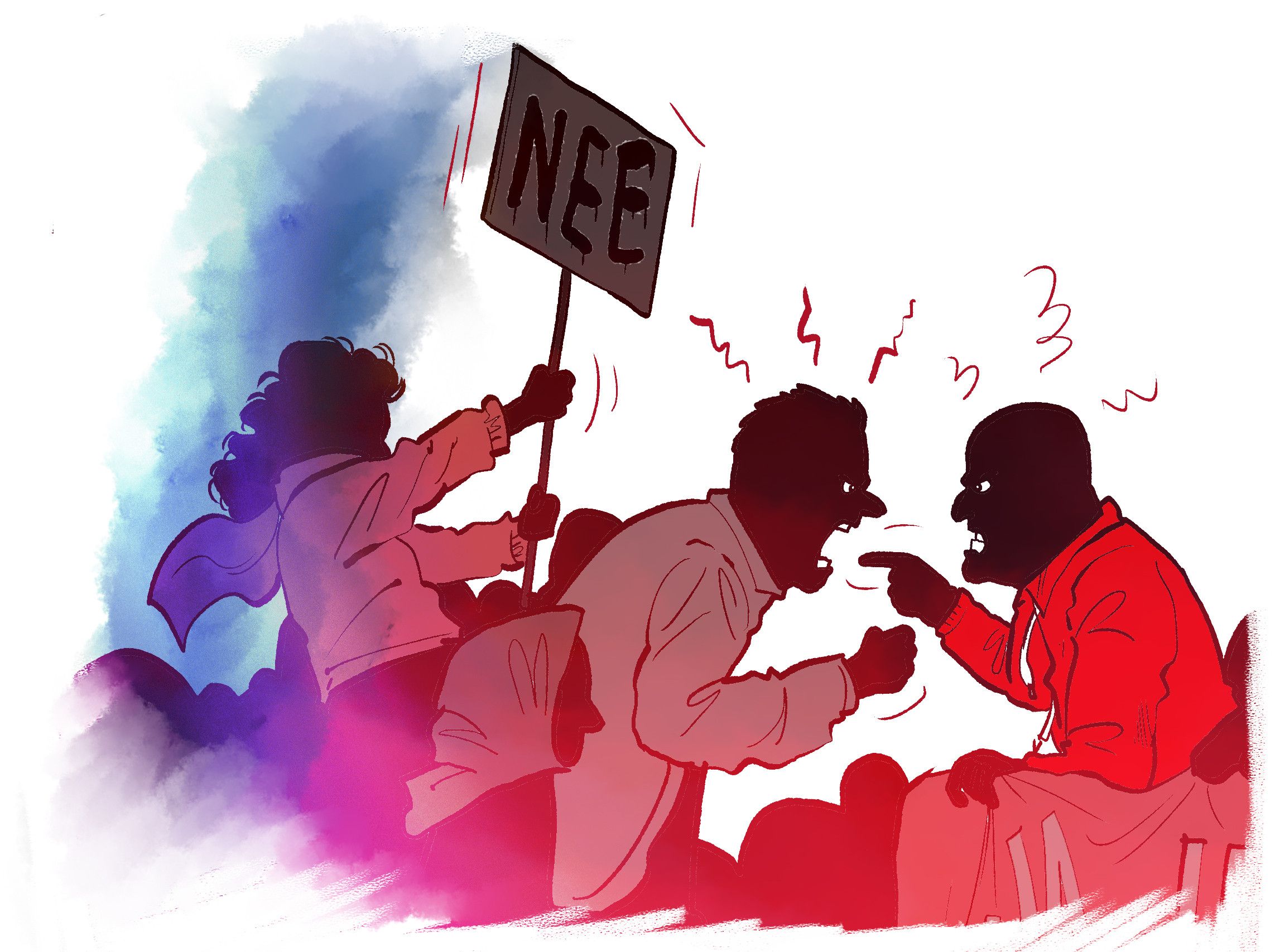 Tekening van twee personen die met verhitte hoofden tegenover elkaar staan. Achter hen iemand die een bord ‘nee’ omhoog houdt.