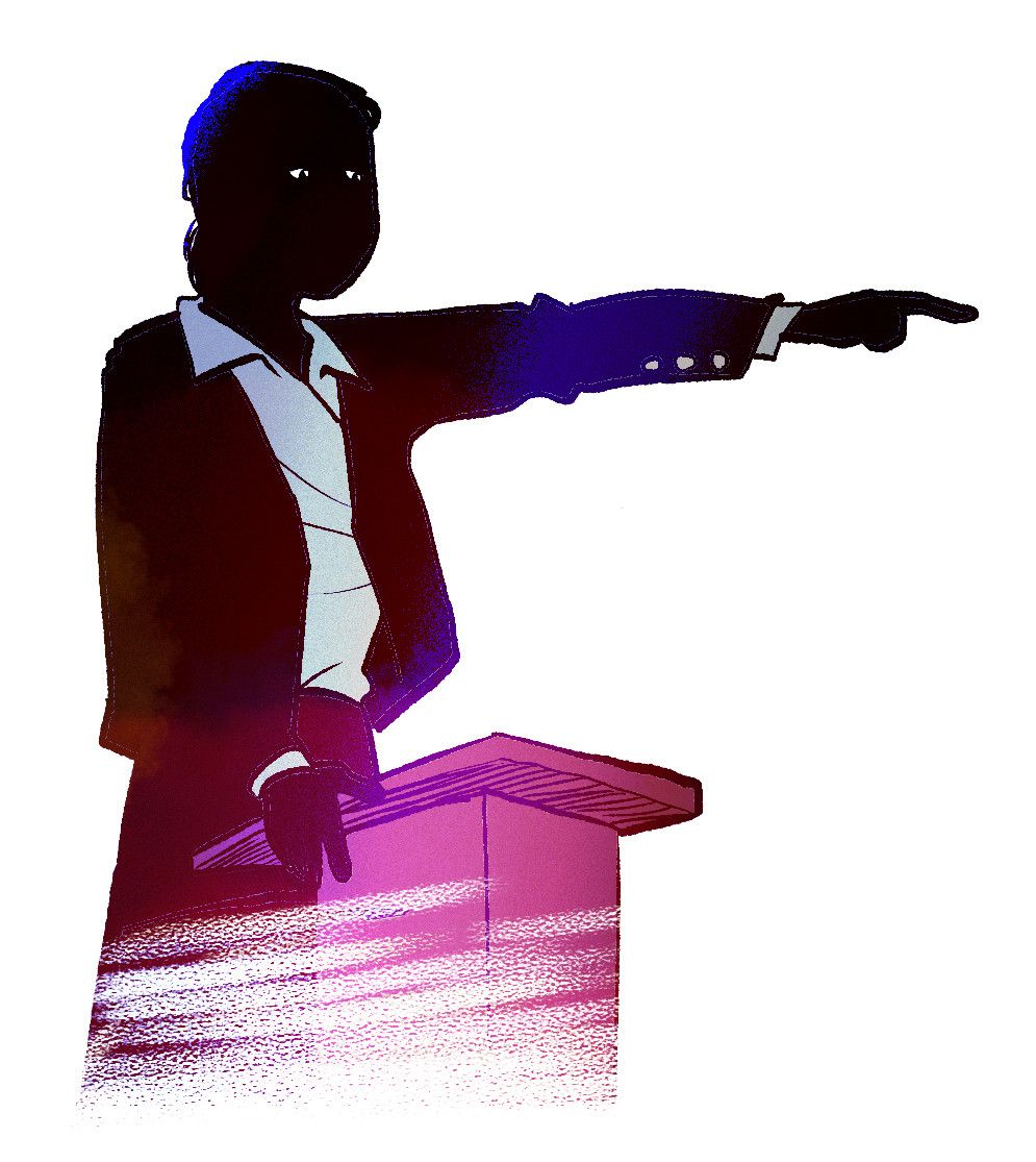 Tekening van een persoon achter een spreekgestoelte. De linkerhand wijst gestrekt naar voren.