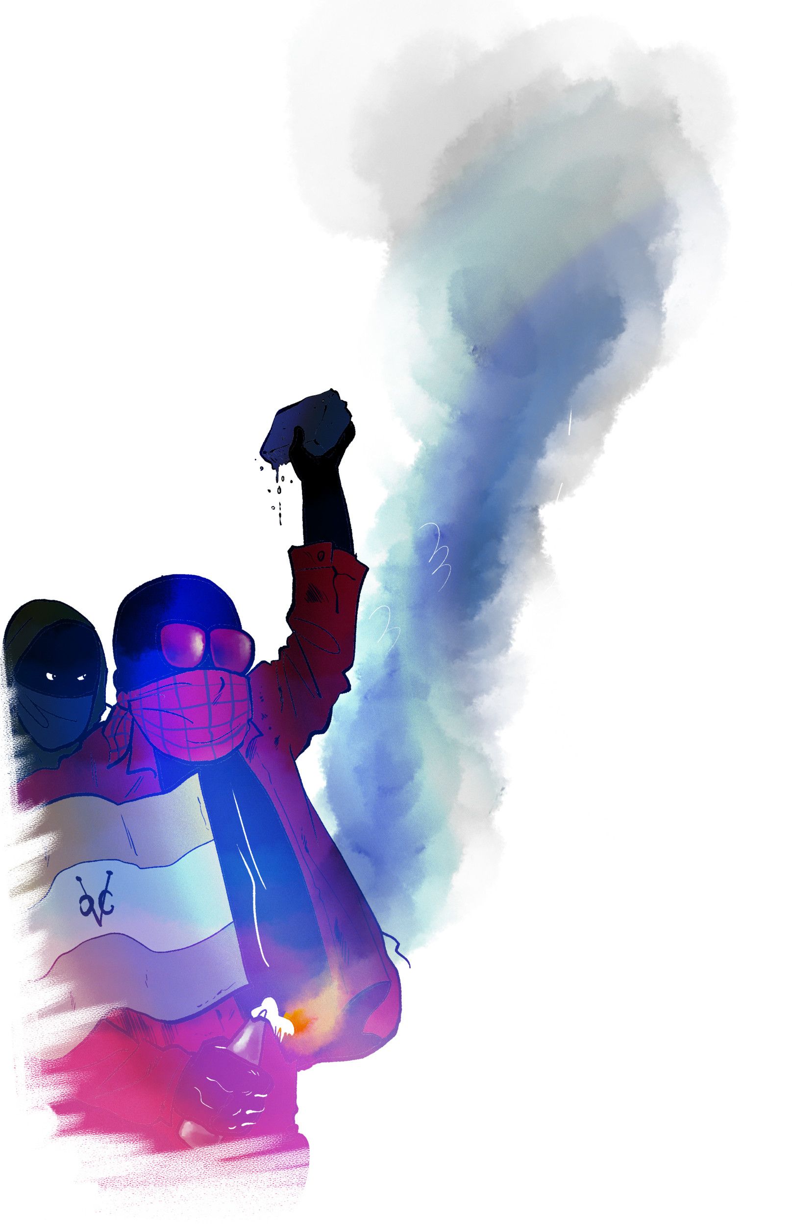 Tekening van gemaskerde mannen met een vlag in hun hand. Op de achtergrond een rookwolk.